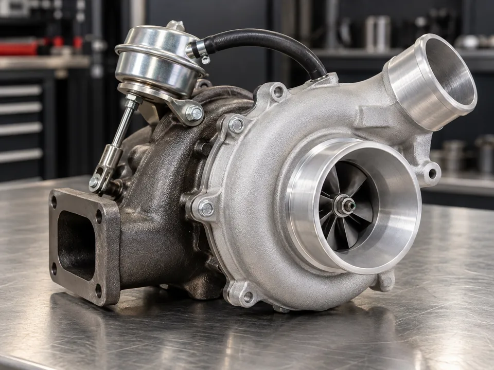 Imagem ilustrativa gerada por IA de Turbocompressor em bancada de aço